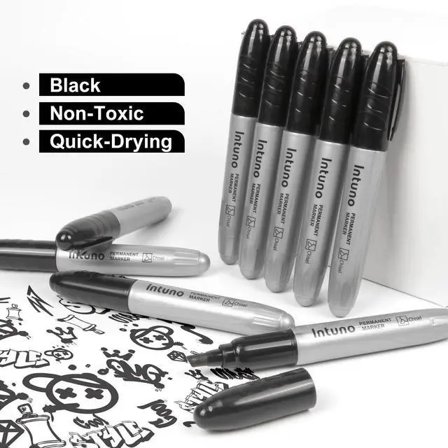 Alt view image 4 of 7 - Jumo Permanent Markers, 60 Count Black, Chisel tip, Oil-Based Permanent Markers, Waterproof and Fade-Resistant, for Paper, Wood, Metal, Glass and More