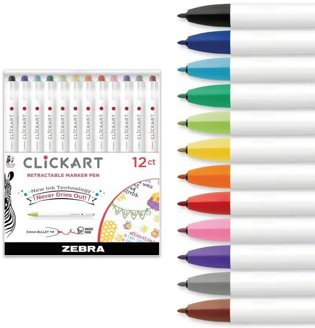 Main image of CLiCKART Retractable Felt Tip Pen, Assorted Ink Colors, 0.6mm Fine Point, Moisture Absorbing to Prevent Drying Out, No Bleed, Ideal for Journaling, Drawing and Writing, 12-Pack (69012)