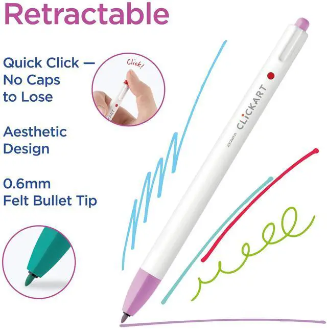 Alt view image 2 of 7 - CLiCKART Retractable Felt Tip Pen, Assorted Ink Colors, 0.6mm Fine Point, Moisture Absorbing to Prevent Drying Out, No Bleed, Ideal for Journaling, Drawing and Writing, 12-Pack (69012)