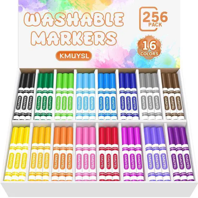 Main image of Washable Markers Bulk, Assorted Colors - Broad Line Conical Tip Coloring Markers for Kids, School Art Supplies & Back to School Supplies, Teacher Classroom Must Haves (16 Colors, 256 Pcs)