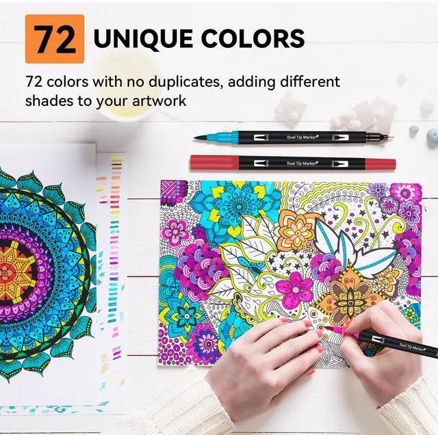 Alt view image 5 of 7 - Dual Markers Brush Pens for Adult Coloring Books, 72 Colors Art Marker Set with Fine & Brush Tip Pen for Bullet Journaling, Coloring, Drawing, Hand Lettering, Calligraphy, Art Supplies