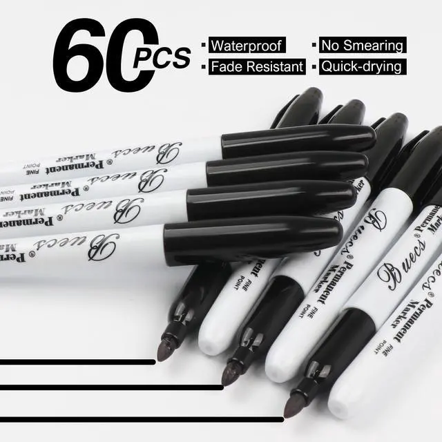 Alt view image 4 of 7 - Permanent Markers, 60 Count Black Permanent Markers, Fine Point, Waterproof & Smear Proof Markers, Quick Drying, Office Supplies for School, Office, Home