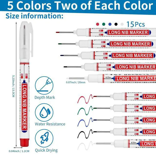 Alt view image 2 of 6 - 15 PCS Long Head Deep Hole Marker Pens,20mm Long Nib Marker, Longs Nose Markers, Waterproof Construction Markers Marking Tool,Permanent Markers Carpenter Ink marker Pens,Metal marking Pens