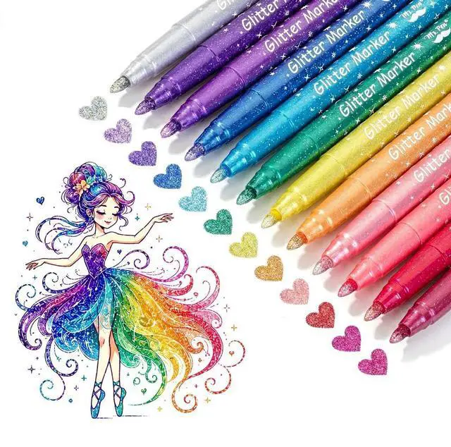 Main image of Glitter Marker Pens, 12 Pack, Assorted Colors, Medium Tip | Non-Toxic High-Pigment Water-Based Ink, Smooth & Quick-Dry for Crafts, Coloring, Journaling, Doodling