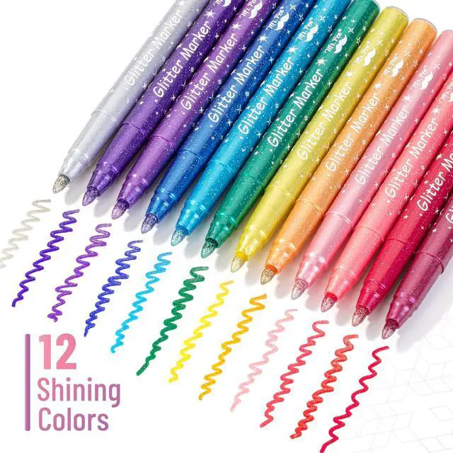 Alt view image 2 of 7 - Glitter Marker Pens, 12 Pack, Assorted Colors, Medium Tip | Non-Toxic High-Pigment Water-Based Ink, Smooth & Quick-Dry for Crafts, Coloring, Journaling, Doodling