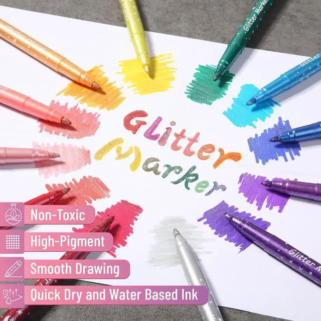 Alt view image 5 of 7 - Glitter Marker Pens, 12 Pack, Assorted Colors, Medium Tip | Non-Toxic High-Pigment Water-Based Ink, Smooth & Quick-Dry for Crafts, Coloring, Journaling, Doodling