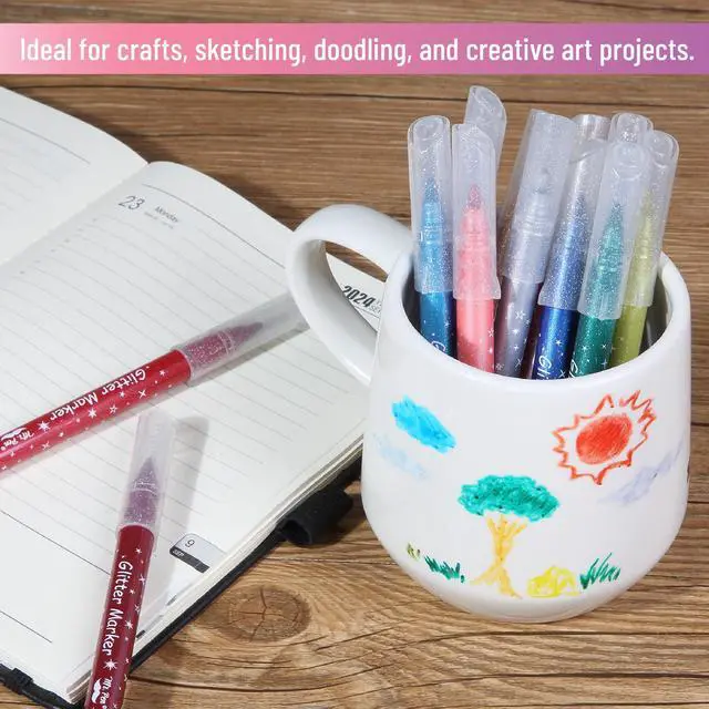 Alt view image 6 of 7 - Glitter Marker Pens, 12 Pack, Assorted Colors, Medium Tip | Non-Toxic High-Pigment Water-Based Ink, Smooth & Quick-Dry for Crafts, Coloring, Journaling, Doodling
