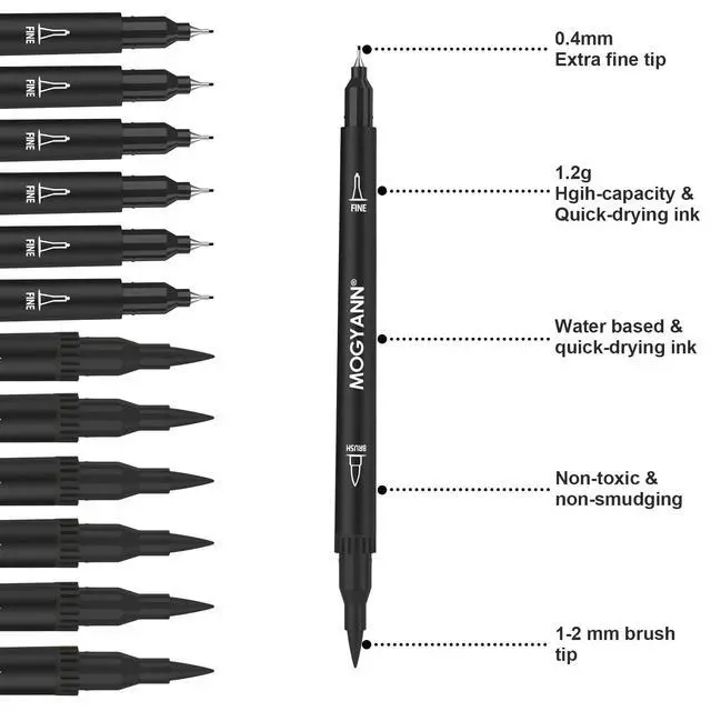 Alt view image 2 of 6 - Drawing Pens, 12 Pack Dual Brush Pens Black Markers for Art Drawing Sketching