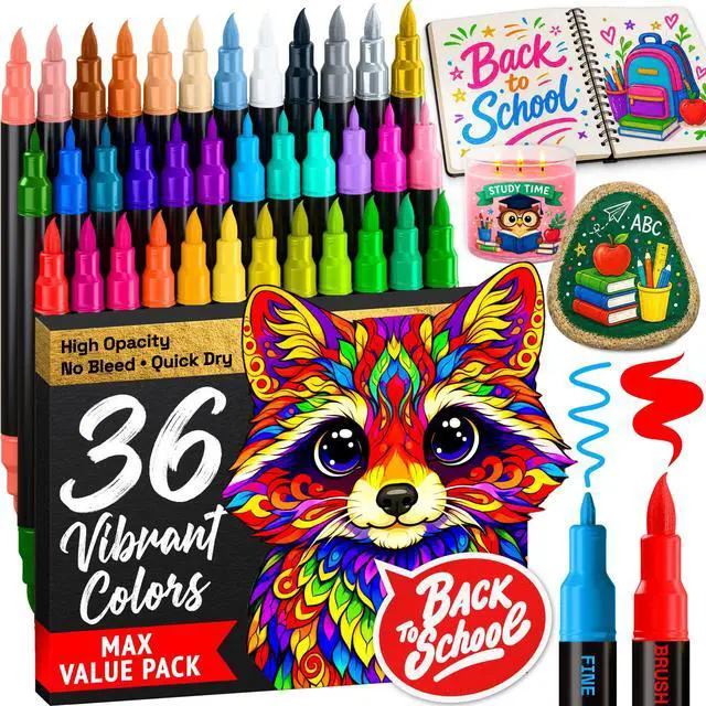 Main image of 36 Acrylic Paint Markers - Paint Pens for Drawing - For Fabric, Rock, Glass, Wood, Molds - Arts & Crafts Gift for Adults, Teens, Kids, Classroom Must Haves & School Supplies