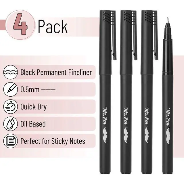 Alt view image 2 of 7 - Black Fineliner Pens, 4 Pack, 0.5mm Fine Point, Permanent Ink