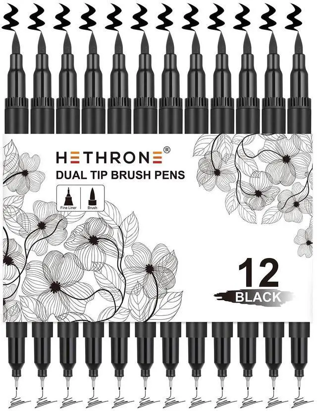 Main image of Black Markers for Drawing - Brush Pens with Felt Tips for Artists - Calligraphy Pens, 12 Pack