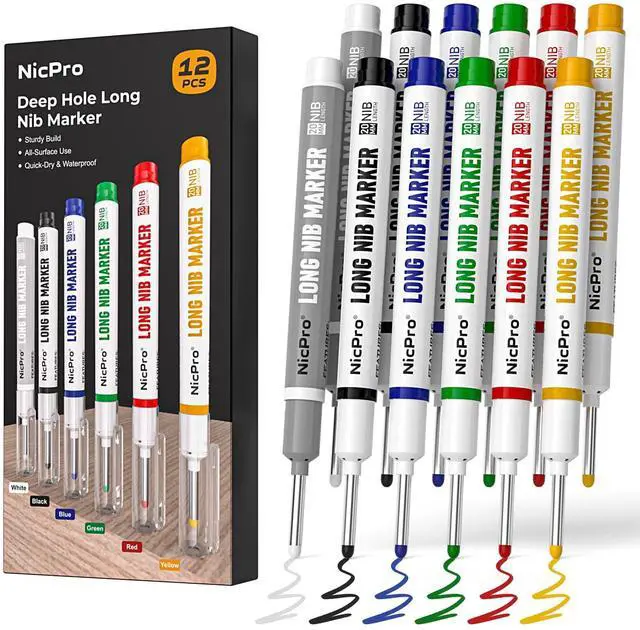 Main image of 12 PCS Long Nib Marker Pens, 20mm Deep Hole Markers, Quick Dry & Waterproof Construction Marker, Long Head Mark Pens for Metal, Steel, Tile, Glass, Carpenter Marking Tool for Woodworking