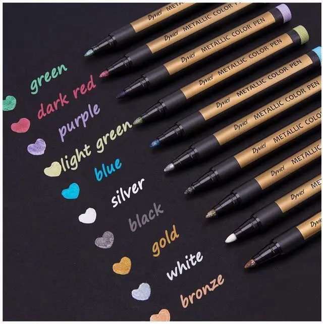 Main image of Metallic Marker Pens - Set of 10 Medium Point Metallic Markers for Rock Painting, Black Paper, Card Making, Scrapbooking Crafts, DIY Photo Album