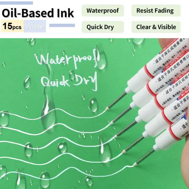 Alt view image 3 of 7 - 15 Pcs Long Nib Marker, 20 mm Long Head Deep Hole Marker Pens, Fine Nose Tip Deep Reach Permanent Paint Markers for Metal, Marking Pen for Drilling, Carpenter, Woodworking, Construction (White)