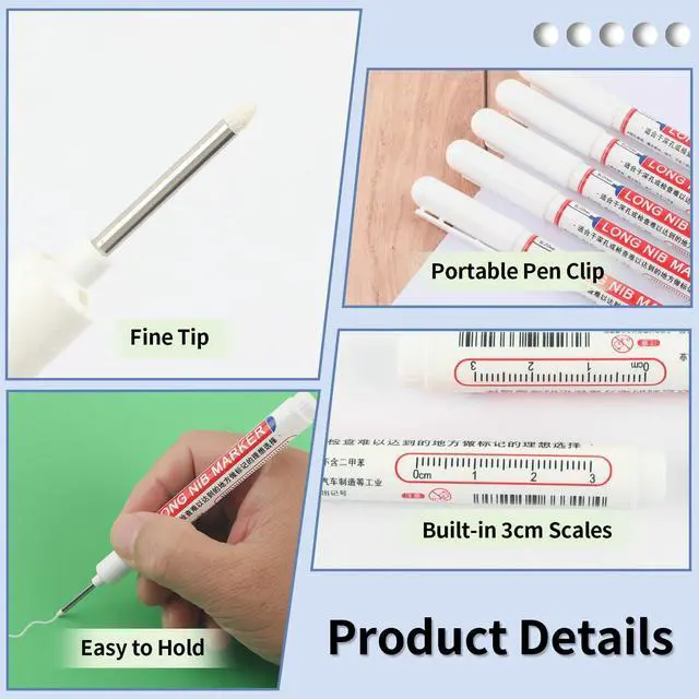 Alt view image 4 of 7 - 15 Pcs Long Nib Marker, 20 mm Long Head Deep Hole Marker Pens, Fine Nose Tip Deep Reach Permanent Paint Markers for Metal, Marking Pen for Drilling, Carpenter, Woodworking, Construction (White)