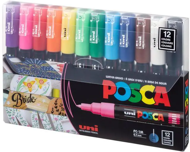 Main image of Posca Acrylic Paint Art Markers, Set of 12 Extra Fine Point Thin Paint Pens for Coloring Gifts, Fabric, Metal, Glass, Rocks, Wood and Canvas, Assorted Colors, PC1M12C