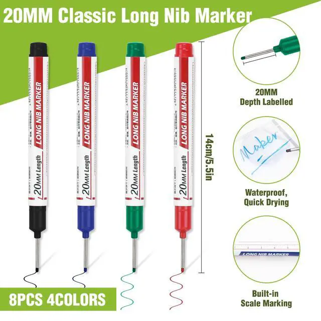 Alt view image 2 of 7 - 8pcs Long Nib Marker, Long Head Deep Hole Marker Pens, Waterproof Construction Markers Marking Tool, Multi-Purpose Deep Reach Pen Makes For Metal, Carpenter, Woodworking, Gift for Father's Day
