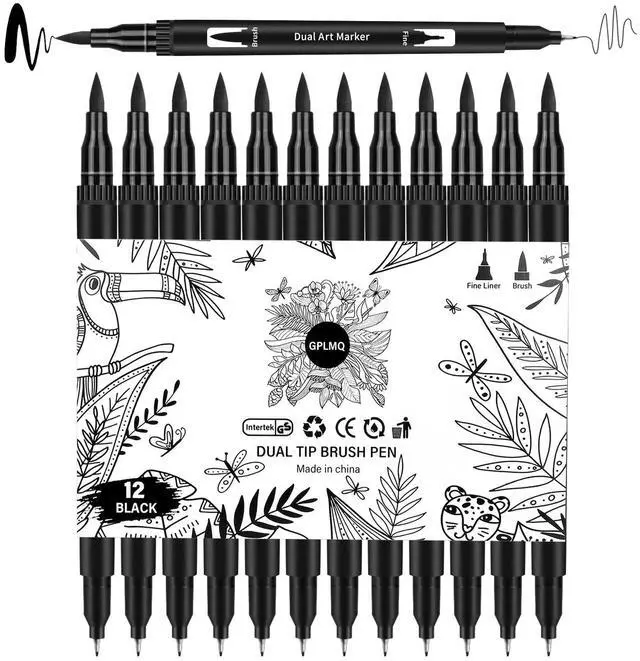 Main image of Black Drawing Pens, 12 Pack Felt Tip Markers for Adults and Kids, Dual Tip Brush Fineliners Pens for Art Drawing Sketching