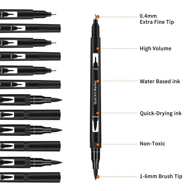 Alt view image 3 of 7 - Black Drawing Pens, 12 Pack Felt Tip Markers for Adults and Kids, Dual Tip Brush Fineliners Pens for Art Drawing Sketching