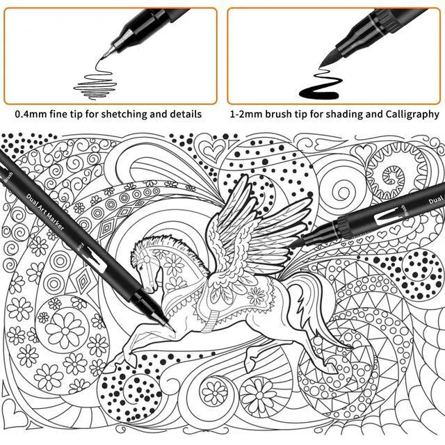 Alt view image 5 of 7 - Black Drawing Pens, 12 Pack Felt Tip Markers for Adults and Kids, Dual Tip Brush Fineliners Pens for Art Drawing Sketching