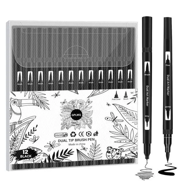 Alt view image 7 of 7 - Black Drawing Pens, 12 Pack Felt Tip Markers for Adults and Kids, Dual Tip Brush Fineliners Pens for Art Drawing Sketching
