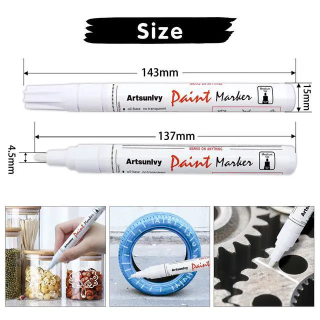 Alt view image 3 of 7 - White Paint Pens marking pens Permanent Markers - 2 Pack Oil Based Waterproof Markers for Tire, Rubber,Wood, Rocks, Metal, Canvas,Plastic, Dark Surface,Craft office Supplies,Medium Point