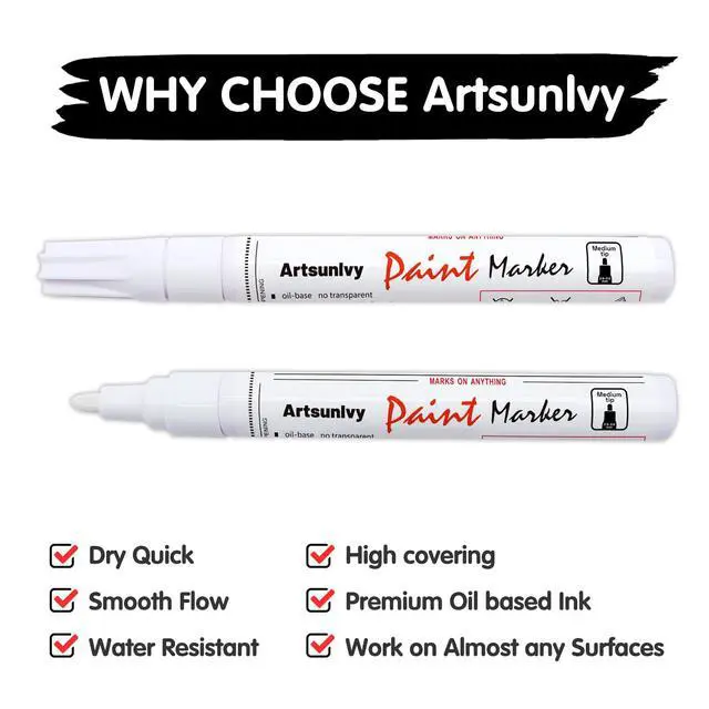 Alt view image 4 of 7 - White Paint Pens marking pens Permanent Markers - 2 Pack Oil Based Waterproof Markers for Tire, Rubber,Wood, Rocks, Metal, Canvas,Plastic, Dark Surface,Craft office Supplies,Medium Point