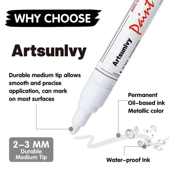 Alt view image 5 of 7 - White Paint Pens marking pens Permanent Markers - 2 Pack Oil Based Waterproof Markers for Tire, Rubber,Wood, Rocks, Metal, Canvas,Plastic, Dark Surface,Craft office Supplies,Medium Point