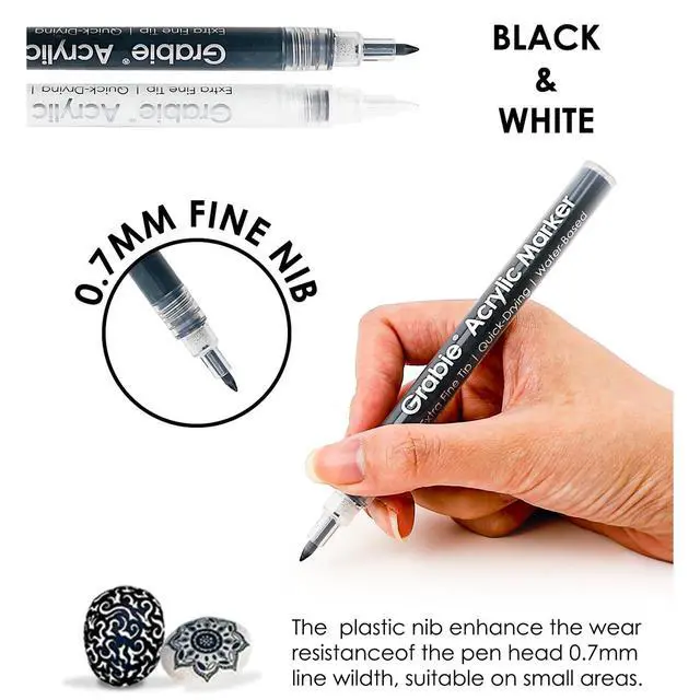Alt view image 2 of 6 - Black & White Extra Fine Tip Acrylic Paint Marker Set, 6 Pack, 0.7mm Acrylic Paint Pens for Highlights and Fine Details on Drawings, Rock Painting Glass Canvas Wood, White Highlight Markers