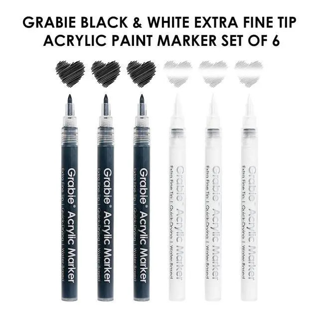 Alt view image 3 of 6 - Black & White Extra Fine Tip Acrylic Paint Marker Set, 6 Pack, 0.7mm Acrylic Paint Pens for Highlights and Fine Details on Drawings, Rock Painting Glass Canvas Wood, White Highlight Markers