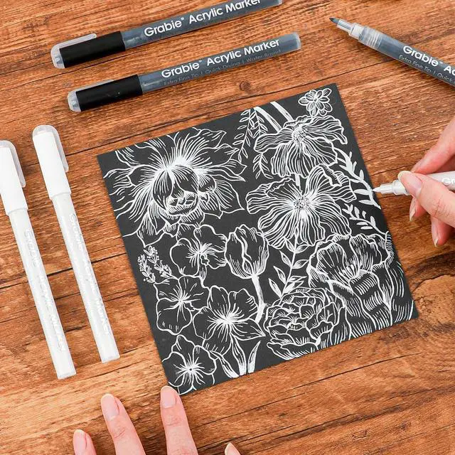 Alt view image 4 of 6 - Black & White Extra Fine Tip Acrylic Paint Marker Set, 6 Pack, 0.7mm Acrylic Paint Pens for Highlights and Fine Details on Drawings, Rock Painting Glass Canvas Wood, White Highlight Markers