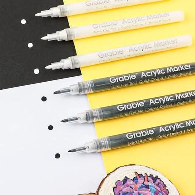 Alt view image 6 of 6 - Black & White Extra Fine Tip Acrylic Paint Marker Set, 6 Pack, 0.7mm Acrylic Paint Pens for Highlights and Fine Details on Drawings, Rock Painting Glass Canvas Wood, White Highlight Markers