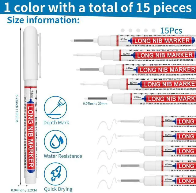 Alt view image 2 of 6 - 15 PCS Long Head Deep Hole Marker Pens,20mm Long Nib Marker,Longs Nose Markers,Waterproof Construction Markers Marking Tool,Permanent Markers Carpenter Ink marker Pens,Metal marking Pens,White