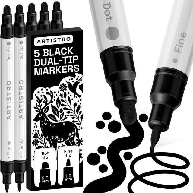 Main image of 5 Black Dual-Tip Acrylic Paint Markers Paint Pens Set with Dot & Fine Tips for Fabric, Rock, Glass, Wood, Coloring Books Arts & Crafts Gift Classroom Must Haves & School Supplies