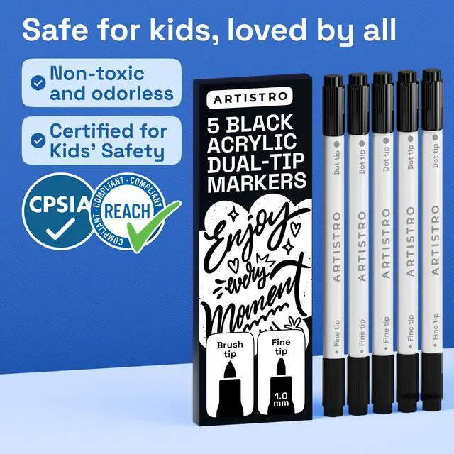 Alt view image 6 of 7 - 5 Black Dual-Tip Acrylic Paint Markers Paint Pens Set with Dot & Fine Tips for Fabric, Rock, Glass, Wood, Coloring Books Arts & Crafts Gift Classroom Must Haves & School Supplies