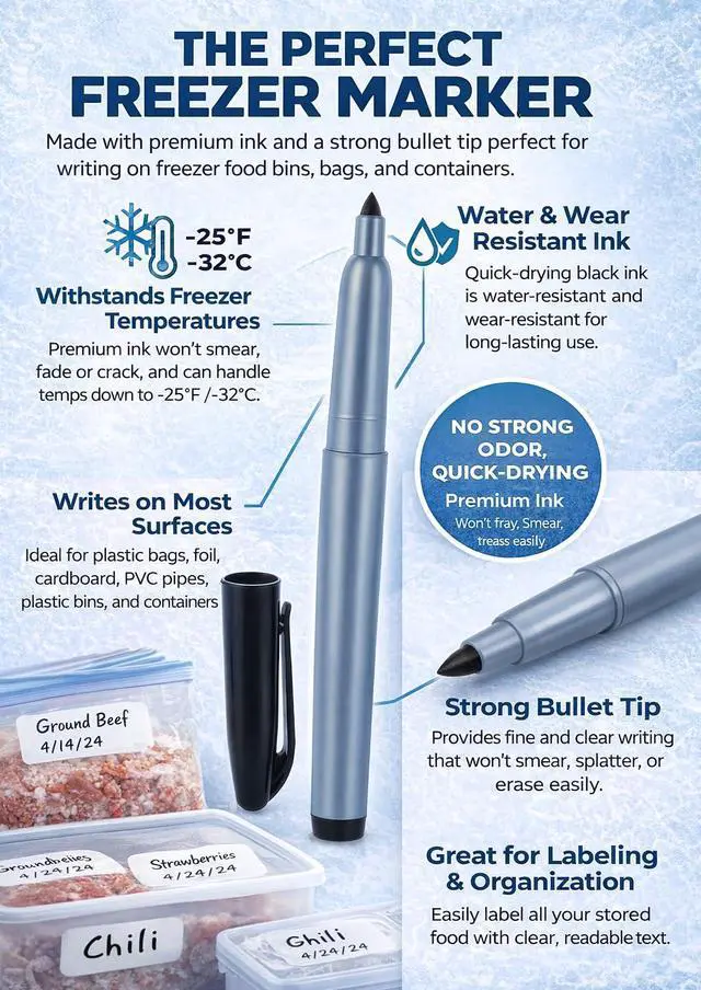 Alt view image 5 of 7 - Permanent Freezer Marker Set of 5 Waterproof Fast-Drying Black Ink Pens with Chisel Tip for Food Labeling, Fridge & Freezer Storage, Kitchen & Lab Use & General Organization.