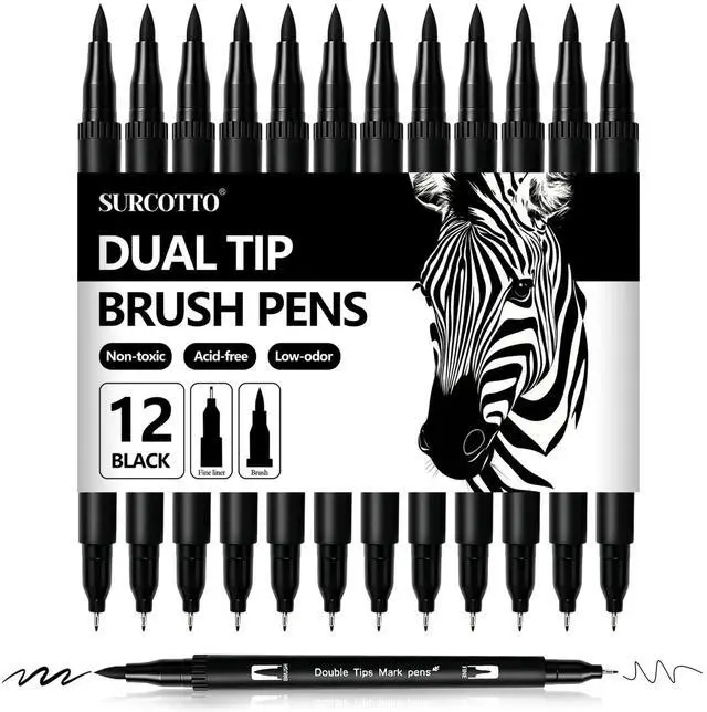 Main image of Black Markers for Drawing,12 Pack Drawing Pens, Brush Pens with Felt Tips for Artists, Dual Tip Brush Fineliners Pens, Calligraphy Pens, for Art Drawing Sketching Journaling, Black