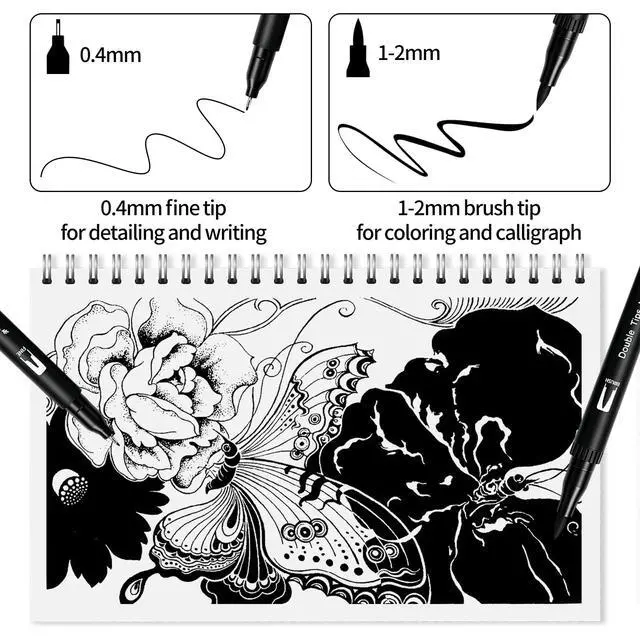 Alt view image 2 of 7 - Black Markers for Drawing,12 Pack Drawing Pens, Brush Pens with Felt Tips for Artists, Dual Tip Brush Fineliners Pens, Calligraphy Pens, for Art Drawing Sketching Journaling, Black