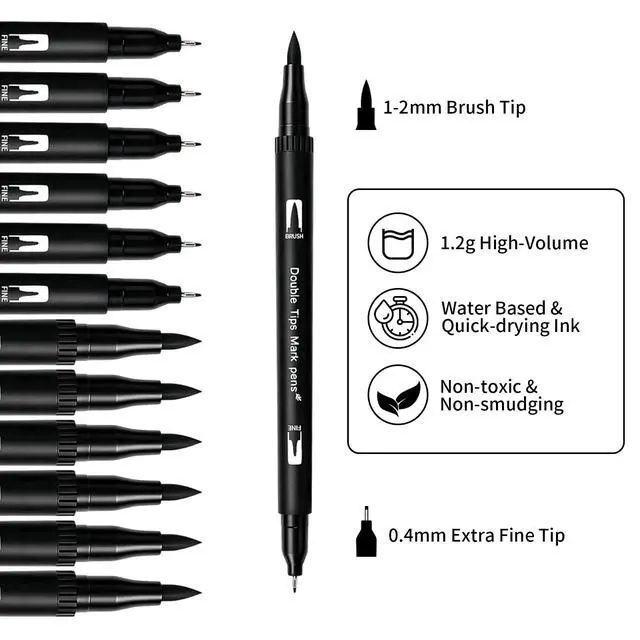 Alt view image 4 of 7 - Black Markers for Drawing,12 Pack Drawing Pens, Brush Pens with Felt Tips for Artists, Dual Tip Brush Fineliners Pens, Calligraphy Pens, for Art Drawing Sketching Journaling, Black