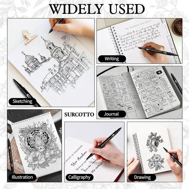 Alt view image 6 of 7 - Black Markers for Drawing,12 Pack Drawing Pens, Brush Pens with Felt Tips for Artists, Dual Tip Brush Fineliners Pens, Calligraphy Pens, for Art Drawing Sketching Journaling, Black