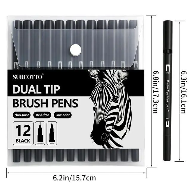 Alt view image 7 of 7 - Black Markers for Drawing,12 Pack Drawing Pens, Brush Pens with Felt Tips for Artists, Dual Tip Brush Fineliners Pens, Calligraphy Pens, for Art Drawing Sketching Journaling, Black