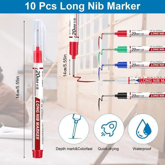 Alt view image 2 of 7 - 10 Pack Long Nib Marker, 20mm Long Head Deep Hole Markers Waterproof Construction Markers Deep Reach Pen for Carpenter Woodworking Metal