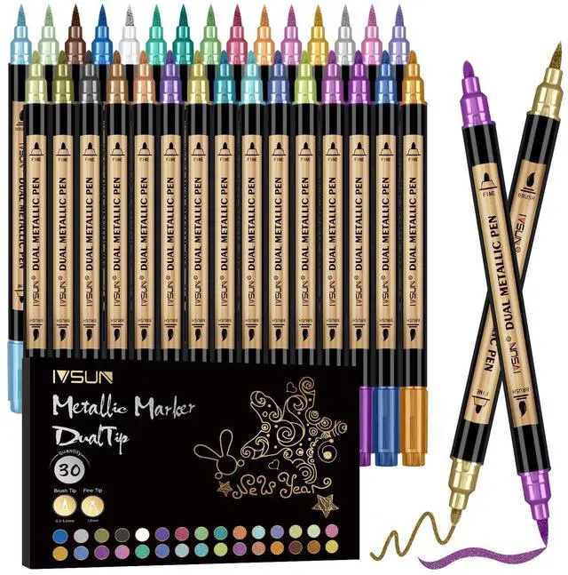Main image of Metallic Marker Pens, 30 Colors Dual Tip Acrylic Paint Pens for Black Paper, Scrapbooking, Photo Album, Rock Painting, Paint Marker for DIY Arts & Crafts, Glass, Wood, Card Making, Scrapbook Supplies