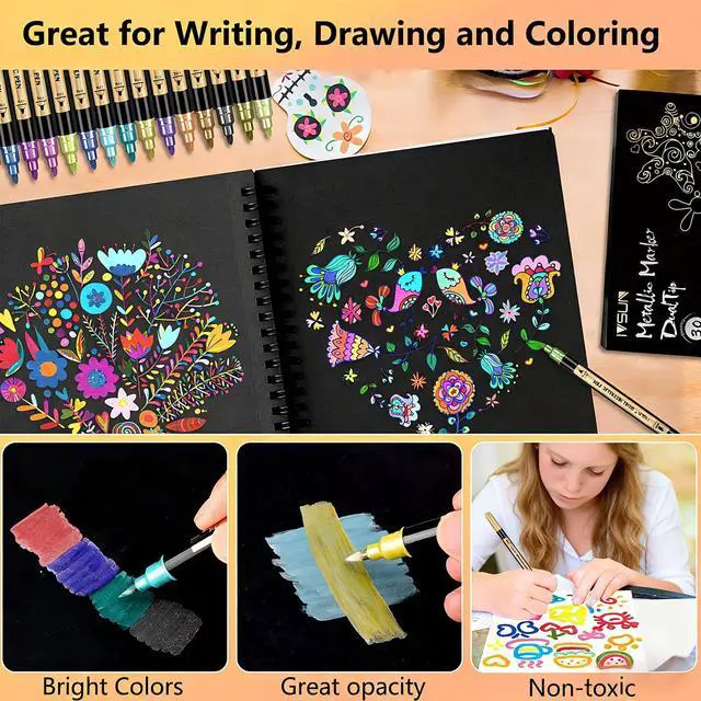 Alt view image 3 of 7 - Metallic Marker Pens, 30 Colors Dual Tip Acrylic Paint Pens for Black Paper, Scrapbooking, Photo Album, Rock Painting, Paint Marker for DIY Arts & Crafts, Glass, Wood, Card Making, Scrapbook Supplies