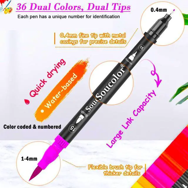 Alt view image 2 of 7 - 36 Dual Tip Brush Markers, Water-Based Art Pens, Adult Coloring