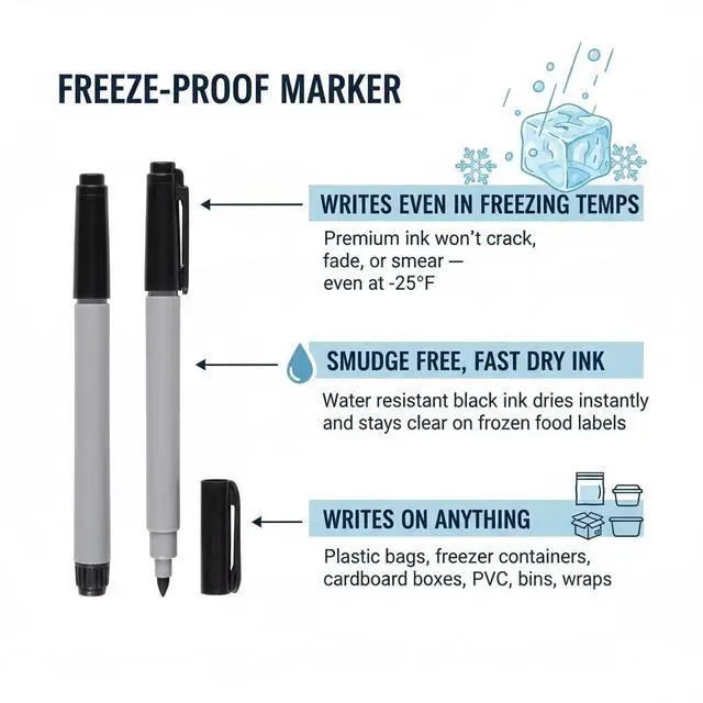 Alt view image 3 of 7 - Permanent Freezer Marker Set of 2 Waterproof Fast-Drying Black Fine Bullet Tip Ink Pens for Food Labeling, Fridge & Freezer Storage, Lab & Kitchen Use, & General Organization