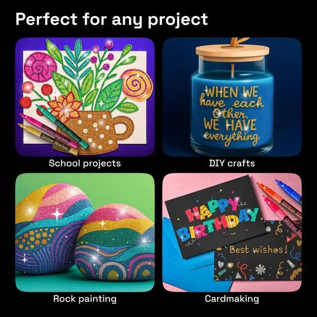 Alt view image 3 of 7 - 12 Glitter Paint Pens for Glass Marking, Rock Painting, Ceramic, Wood, Fabric, Scrapbooking, DIY Craft Making, Coloring - Acrylic Paint Markers Extra-Fine Tip 0.7mm