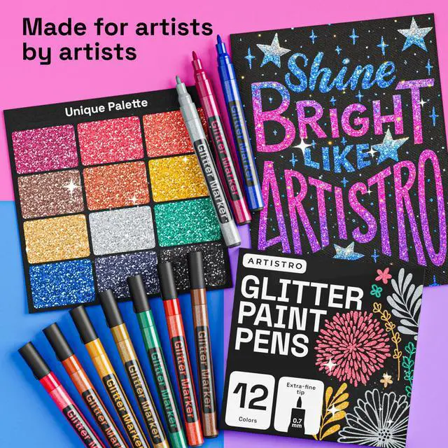 Alt view image 2 of 7 - 12 Glitter Paint Pens for Glass Marking, Rock Painting, Ceramic, Wood, Fabric, Scrapbooking, DIY Craft Making, Coloring - Acrylic Paint Markers Extra-Fine Tip 0.7mm