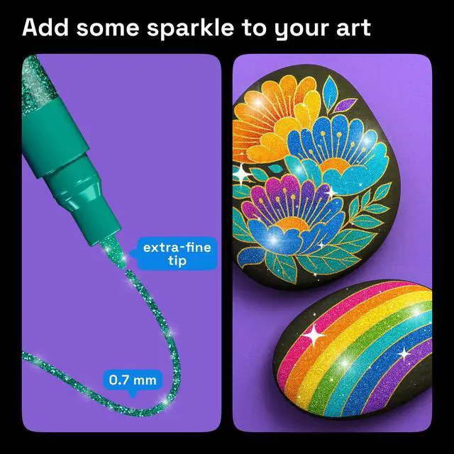 Alt view image 4 of 7 - 12 Glitter Paint Pens for Glass Marking, Rock Painting, Ceramic, Wood, Fabric, Scrapbooking, DIY Craft Making, Coloring - Acrylic Paint Markers Extra-Fine Tip 0.7mm