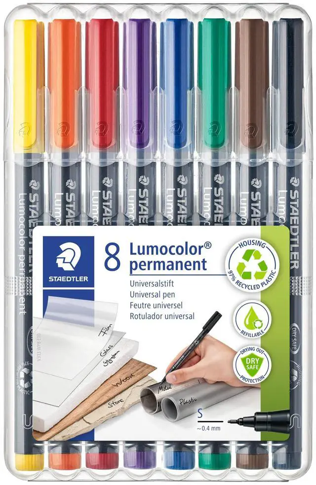 Main image of Lumocolor Permanent Universal Pen: Set of 8 Permanent Markers, Assorted Colors, Superfine Felt Tip 0.4mm - Multi Surface, Quick Dry, Smudge-Proof, & Waterproof - For Home, School, & Office